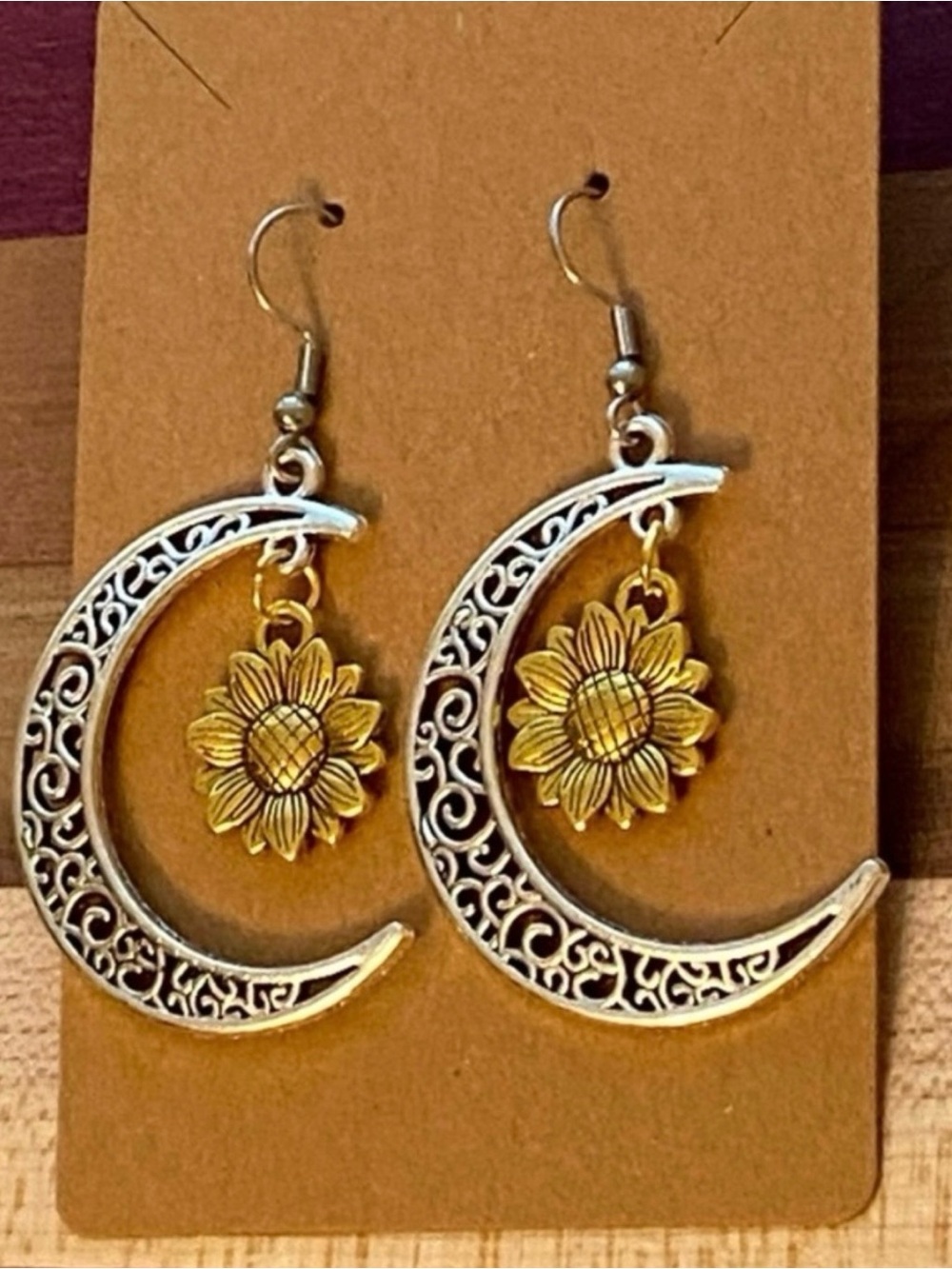 Hollow Silvertone Filigree Moon with Gold Tone Sunflower Earrings